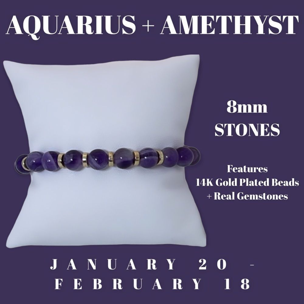 NWT Wool + Pepper Co. Zodiac + Gemstone - Aquarius + Amethyst Bracelet (Gold)